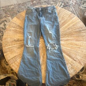 Hollister Blue Flare Wide Leg Jeans with Distressed Details